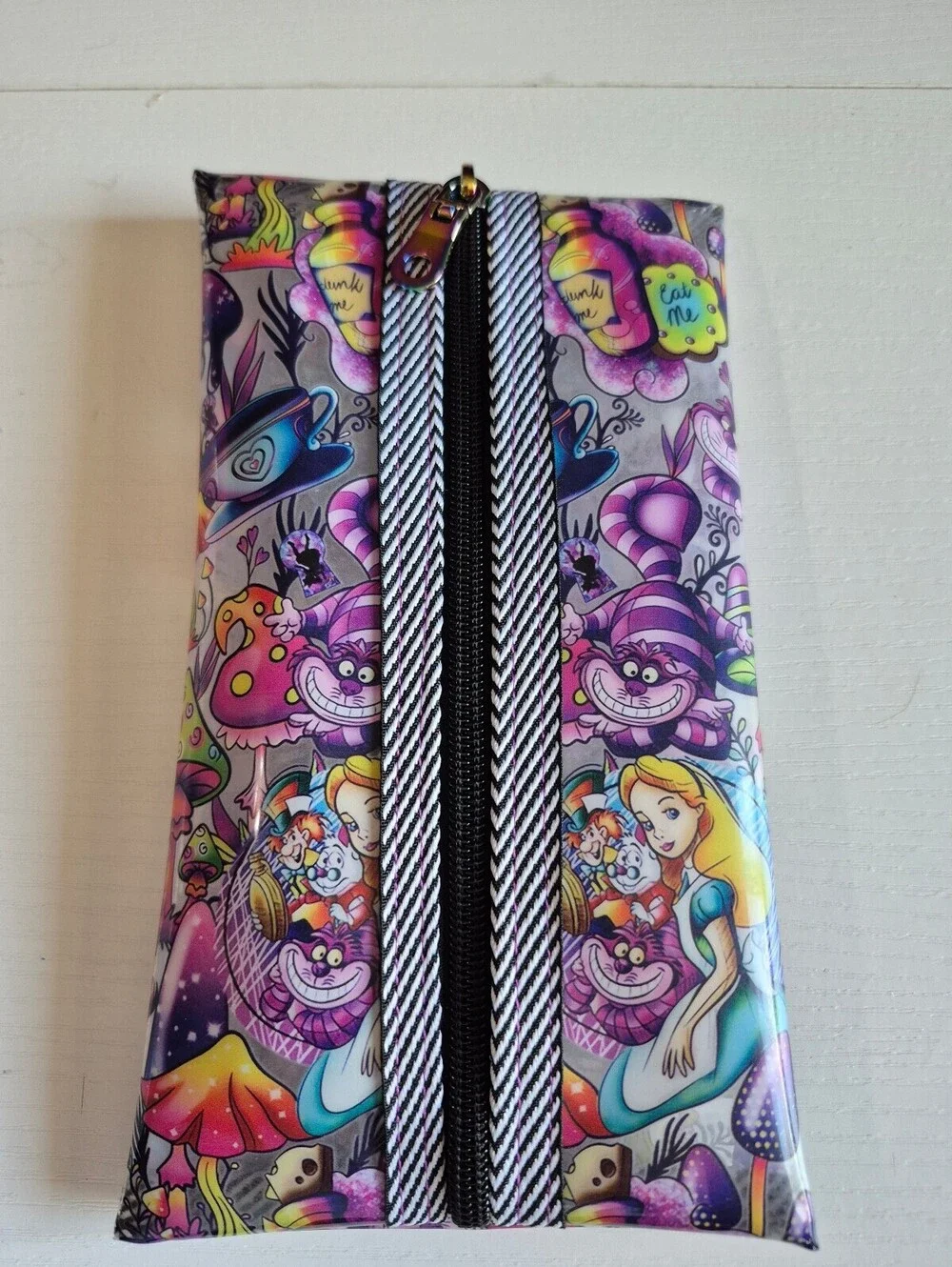 Clear purple tea party strip cat, makeup brush pouch